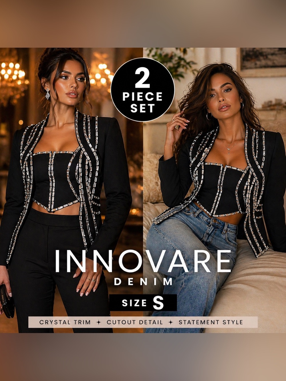 NWT INNOVARE Denim Crystal Cutout Jacket + Top Set| Size S